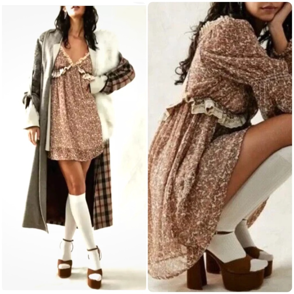 NWT Free People Pennie Printed Babydoll Mini Dress Ivory Combo XS